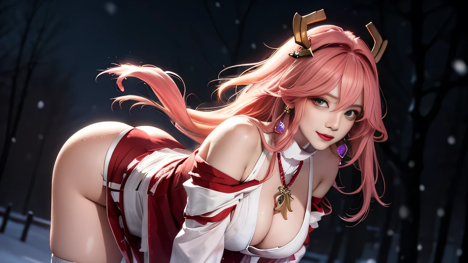 (masterpiece, Excellent, 1 Girl, Solitary, Intricate details, Chromatic Aberration), realism, ((Moderate breathing)), Off-shoulder, Large Breasts, Sexy, Yae Shrine Maiden, Long pink hair, Red headdress, Red Highlight, hair above one eye, Green Eyes, earrings, Sharp eyes, Perfectly symmetrical graphics, Necklace, Neon shirt, open jacket, turtleneck sweater, Graffiti, Dim Lights, alley, ((meaning is, Tempting, charming)), ((winter background))), ((Snowy forest background)))), (((Glowing background))), (Dynamic poses), (bend over, Bend down and look at the audience:1.1), chiffon, Naked shoulders, blooming flower field, Radiant Skin, A faint smile, Sexy, Break, No breast coverage, naked, Lift your butt, Abdominal appearance