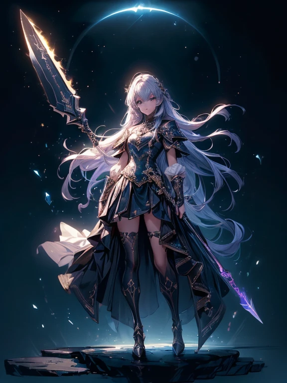 Design a layout showcase Gaming character, (1girl). Golden+Purle clothes, stylish and unique, ((showcase weapon:1.4)), magic staff, (masterpiece:1.2), (best quality), 4k, ultra-detailed, (Step by step design, layout art:1.5), (luminous lighting, atmospheric lighting), magican, ((glove full hands)), (((revealing clothes:1.3))), vambraces, armored legwear, (((full_body_shot:1.4)))
