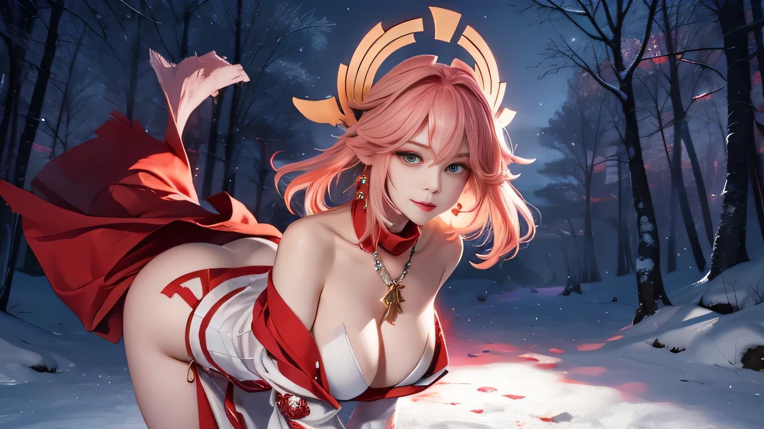 (masterpiece, Excellent, 1 Girl, Solitary, Intricate details, Chromatic Aberration), realism, ((Moderate breathing)), Off-shoulder, Large Breasts, Sexy, Yae Shrine Maiden, Long pink hair, Red headdress, Red Highlight, hair above one eye, Green Eyes, earrings, Sharp eyes, Perfectly symmetrical graphics, Necklace, Neon shirt, open jacket, turtleneck sweater, Graffiti, Dim Lights, alley, ((meaning is, Tempting, charming)), ((winter background))), ((Snowy forest background)))), (((Glowing background))), (Dynamic poses), (bend over, Bend down and look at the audience:1.1), chiffon, Naked shoulders, blooming flower field, Radiant Skin, A faint smile, Sexy, Break, No breast coverage, naked, Lift your butt, Abdominal appearance