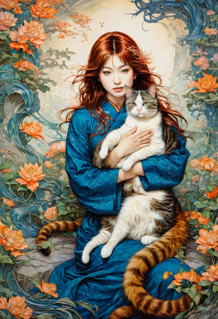 Girl with Cat, by Ayami Kojima, best quality, masterpiece, very aesthetic, perfect composition, intricate details, ultra-detailed