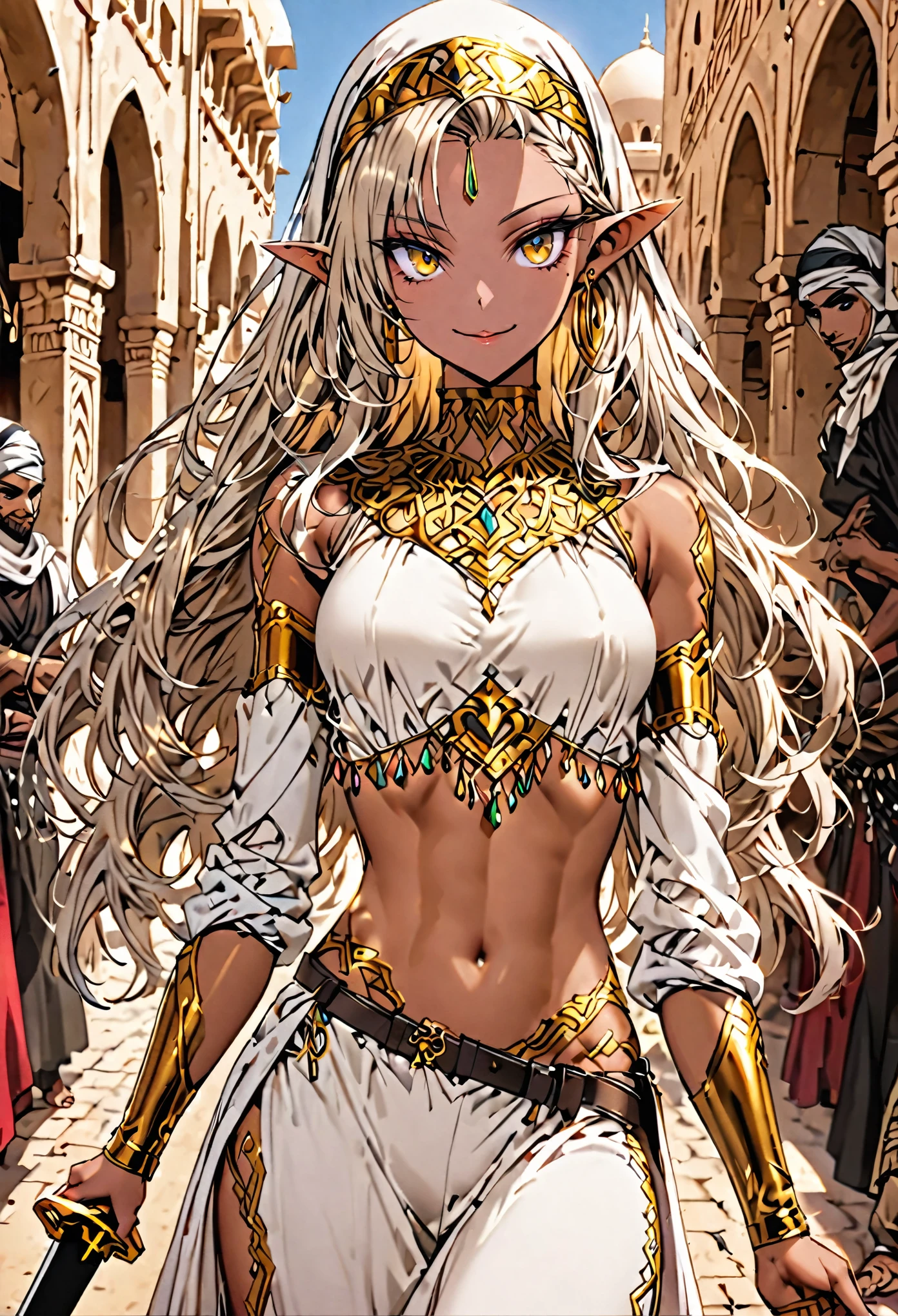 solo:1.4, female, sfw, medium shot, four arms:1.5, copper skin, long hair, platinum blonde hair, silky hair, braided hair, pointed ears, slim waist, bandit, Arabian, marketplace, golden eyes, smile, abs, dagger