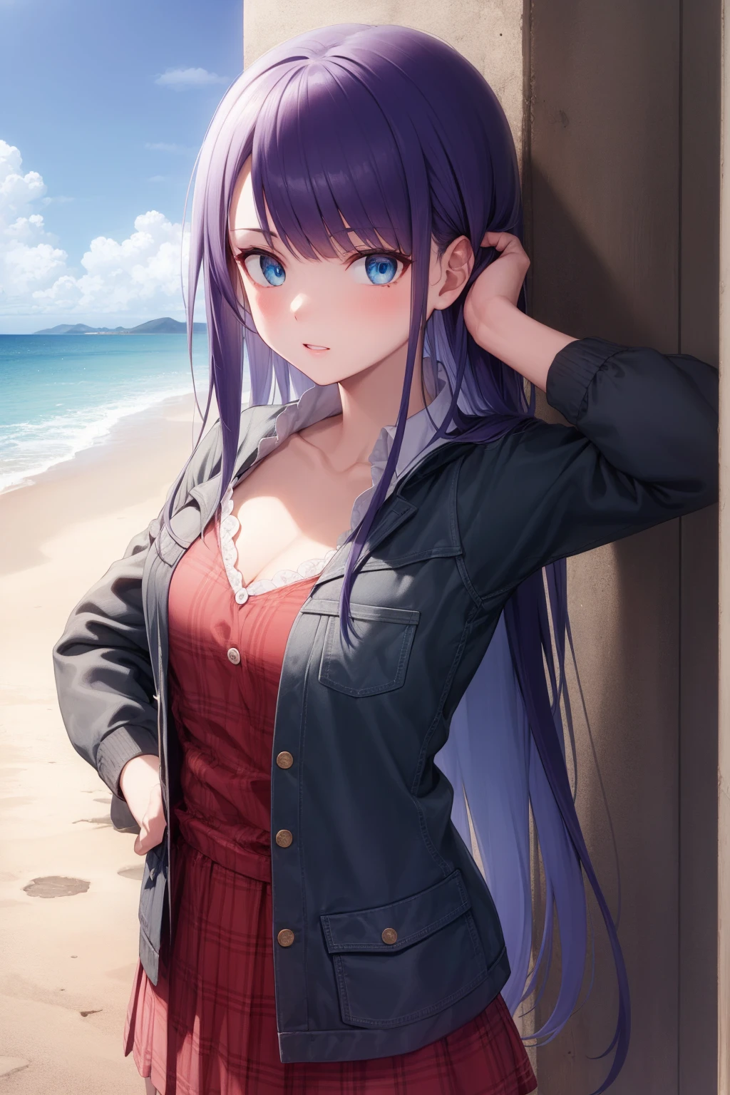 fgomartha, martha, blue eyes, blunt bangs, purple hair, straight hair, long hair,
BREAK blue jacket,school_uniform, pink shirt, collared_shirt,pink_cardigan,
BREAK looking at viewer,standing, pose, hand on hip,
BREAK outdoors, beach,
BREAK (masterpiece:1.2), best quality, high resolution, unity 8k wallpaper, (illustration:0.8), (beautiful detailed eyes:1.6), extremely detailed face, perfect lighting, extremely detailed CG, (perfect hands, perfect anatomy),