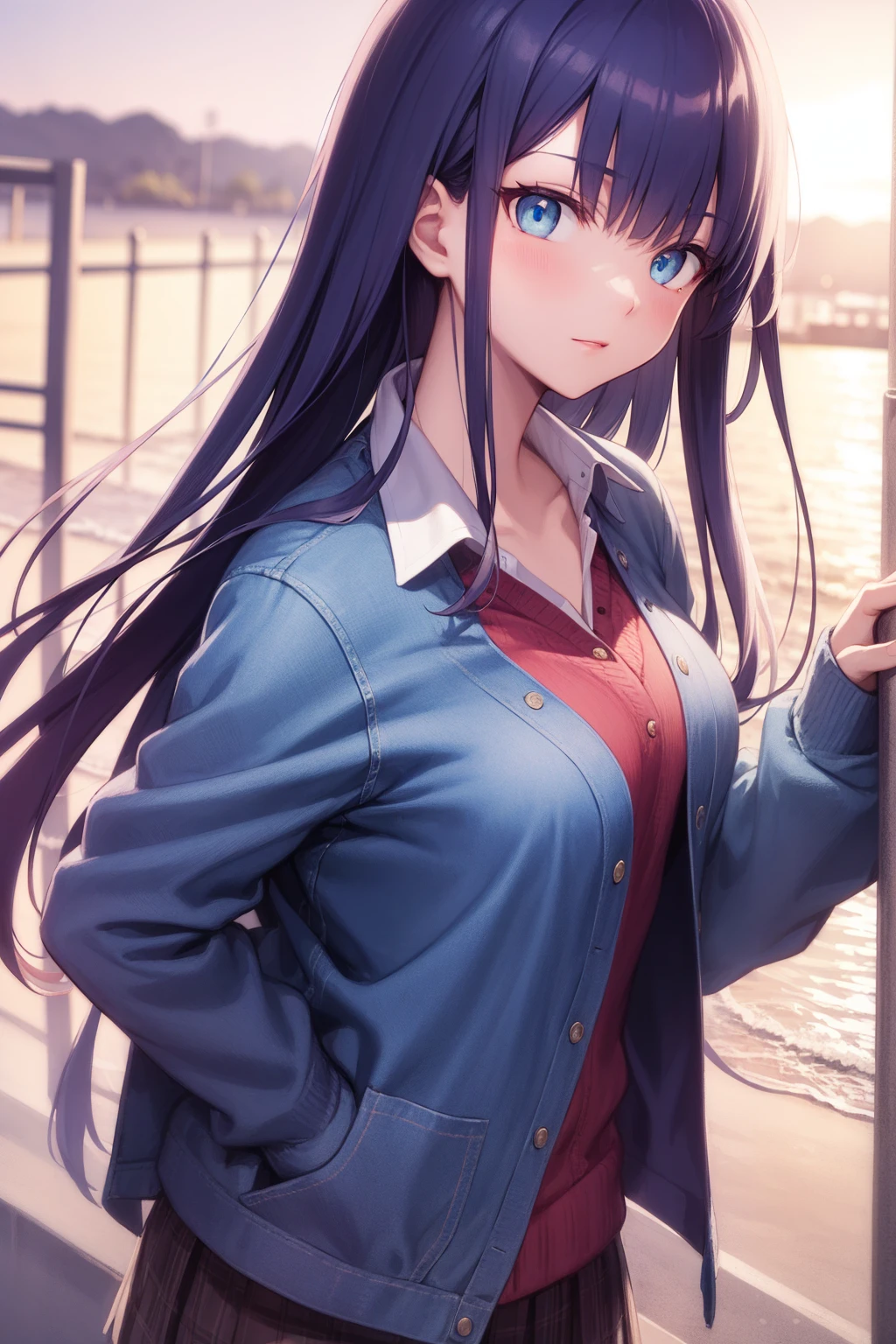 fgomartha, martha, blue eyes, blunt bangs, purple hair, straight hair, long hair,
BREAK blue jacket,school_uniform, pink shirt, collared_shirt,pink_cardigan,
BREAK looking at viewer,standing, pose, hand on hip,
BREAK outdoors, beach,
BREAK (masterpiece:1.2), best quality, high resolution, unity 8k wallpaper, (illustration:0.8), (beautiful detailed eyes:1.6), extremely detailed face, perfect lighting, extremely detailed CG, (perfect hands, perfect anatomy),