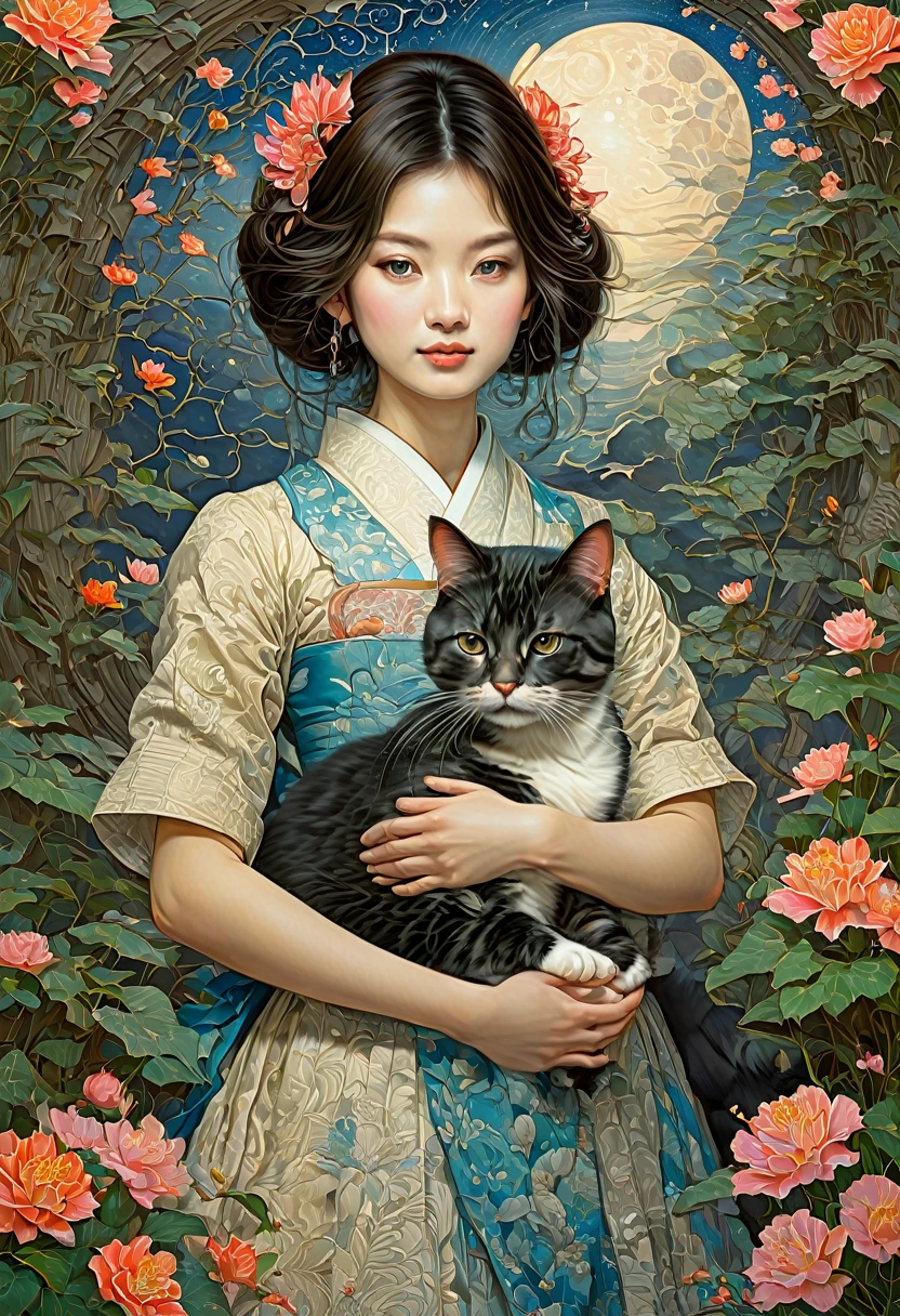 Girl with Cat, by Ayami Kojima, best quality, masterpiece, very aesthetic, perfect composition, intricate details, ultra-detailed