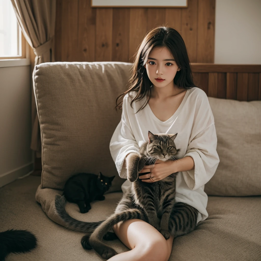 Girl with cat,Highest quality, masterpiece, Ultra-high resolution, (realistically:1.5), RAW photos, Lovely, (a cat,cat plush)