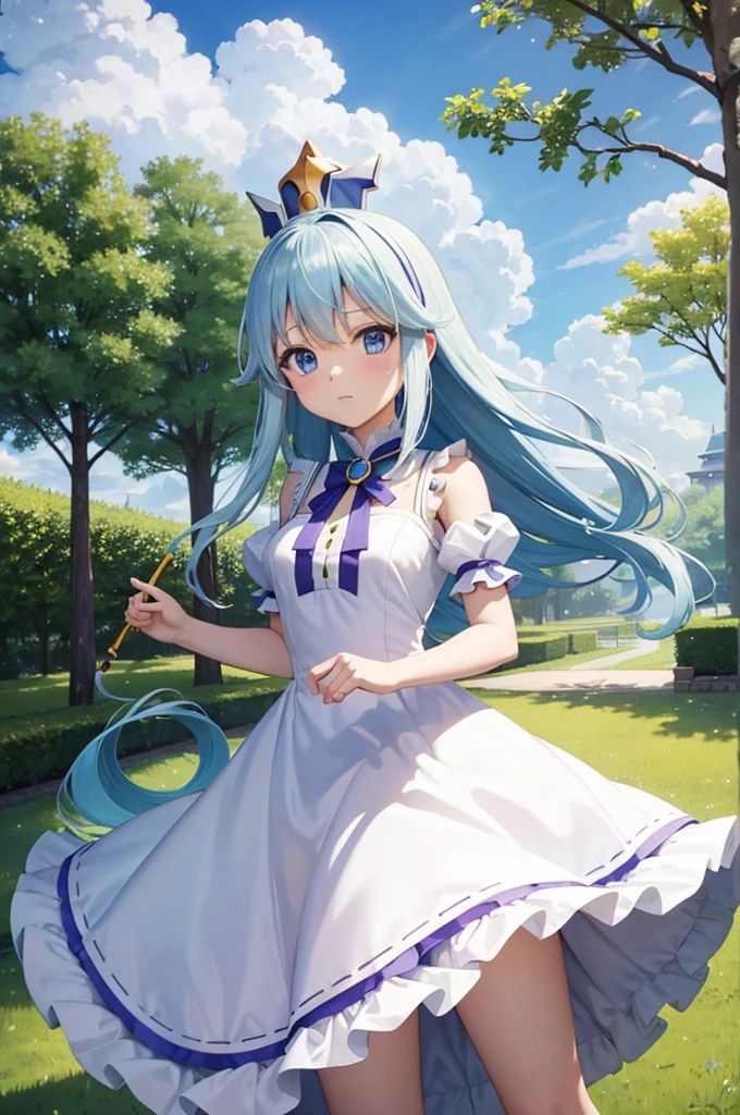 masterpiece, top-quality, Princess_aqua_Konosuba, White and purple dress, blue eyes, blue hairs, standingn, (borgar: 1.1), cloud, and yellow ginkgo trees