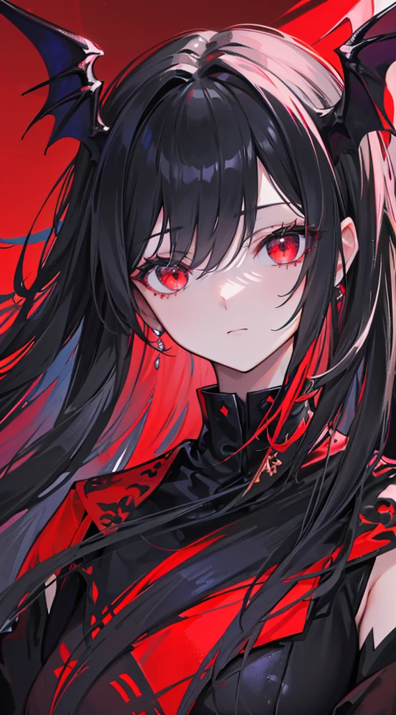 (best quality,4k,8k,highres,masterpiece:1.2),ultra-detailed,beautiful detailed eyes,long black hair,red eyes,black wings,[demon wings],extremely detailed eyes and face,[black gloves],demon,[red dress],dark scenery,portraits,colorful lighting,sharp focus,vivid colors