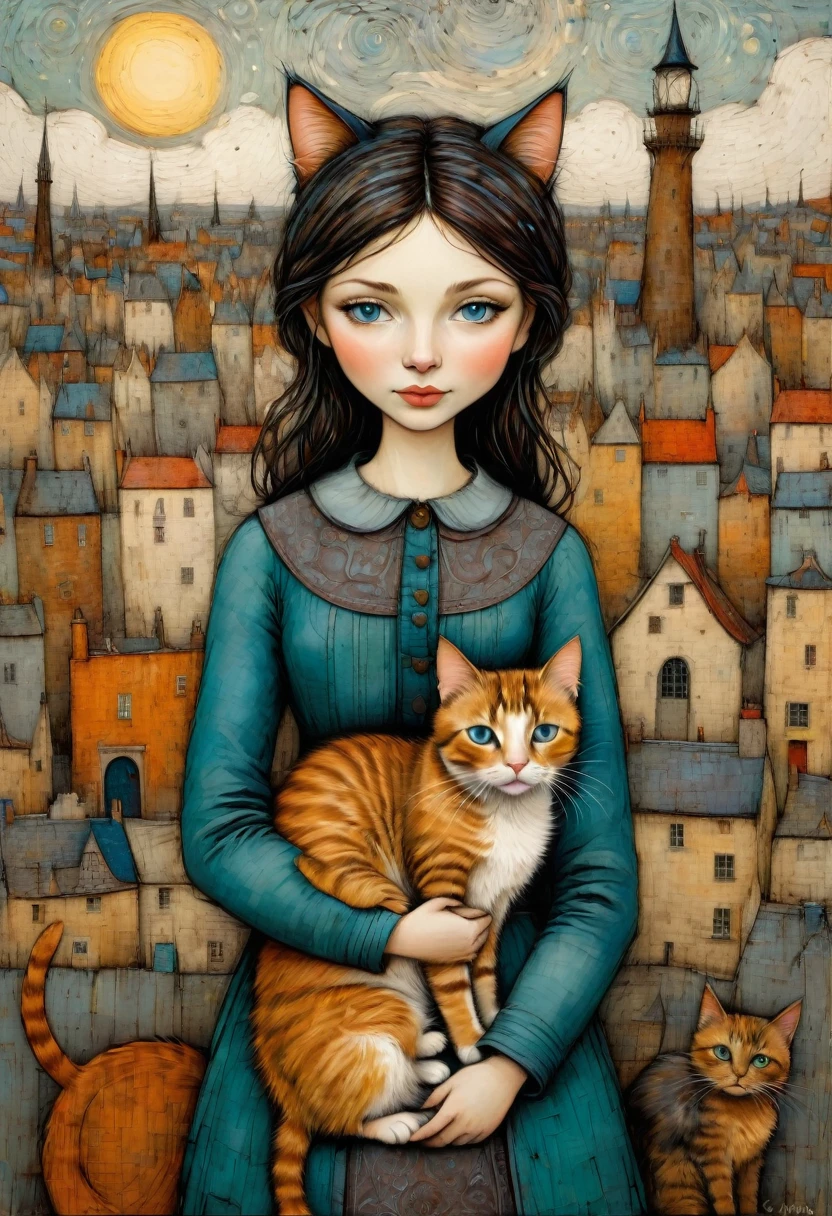 Girl with Cat, by Sam_Toft, best quality, masterpiece, very aesthetic, perfect composition, intricate details, ultra-detailed