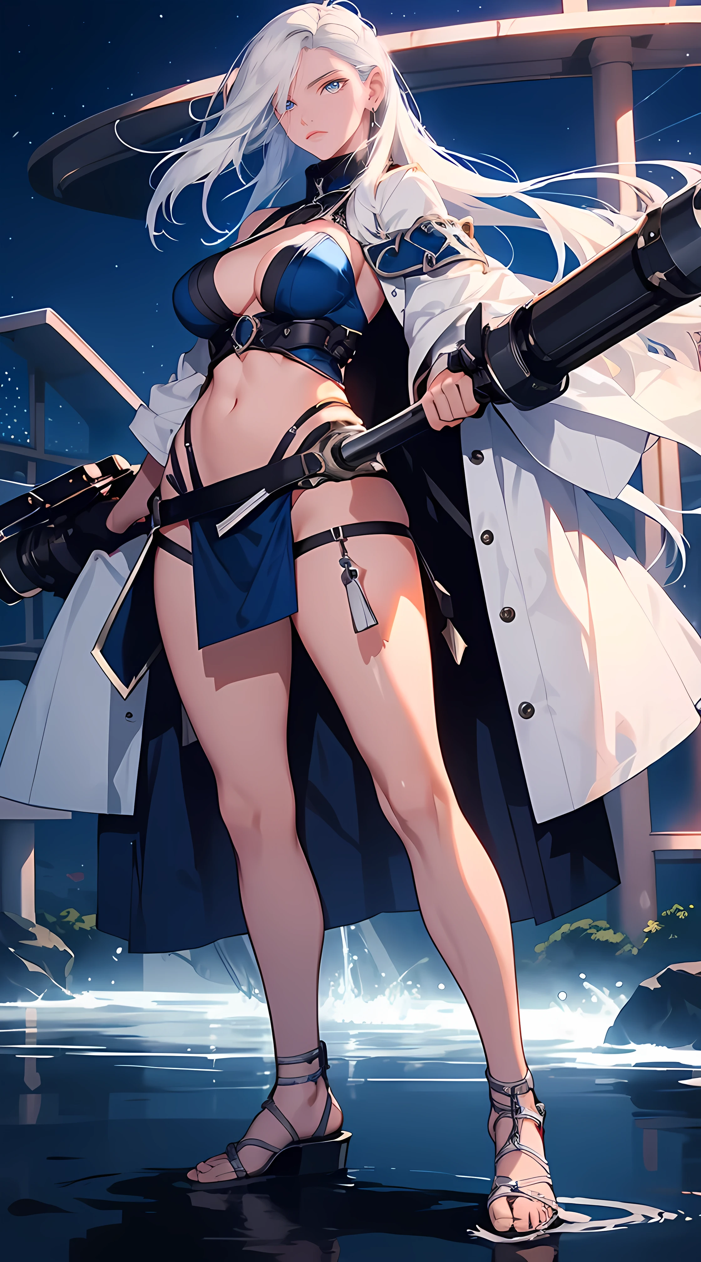 Female 18yo white hair and blue-eyes by Nishiide Kengorou, sunleth waterscape setting, midnight atmosphere, attractive, attractive and curvaceous body, full body, wielding large cannon gun lightning, bright light