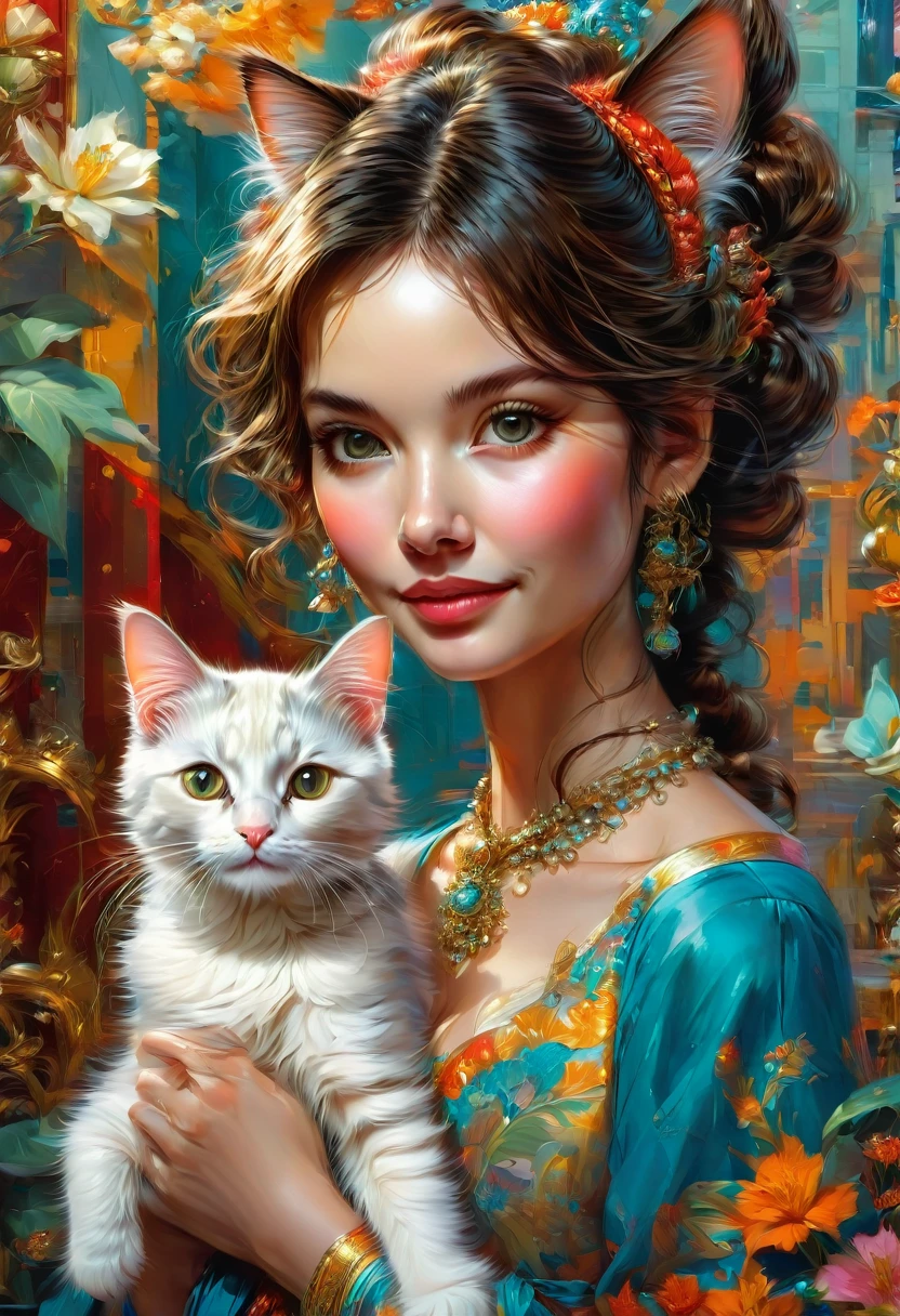 Girl with Cat, by Krenz Cushart, best quality, masterpiece, very aesthetic, perfect composition, intricate details, ultra-detailed