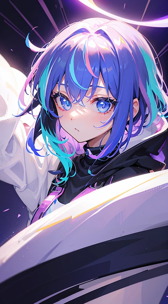 blue eyess、Light purple hair、Medium Hair、solo、(top-quality、masterpiece)、(solo)、waved hair、multicolored hair、simple background、punk