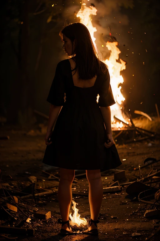 Girl kneeling in the middle of a fire digital art