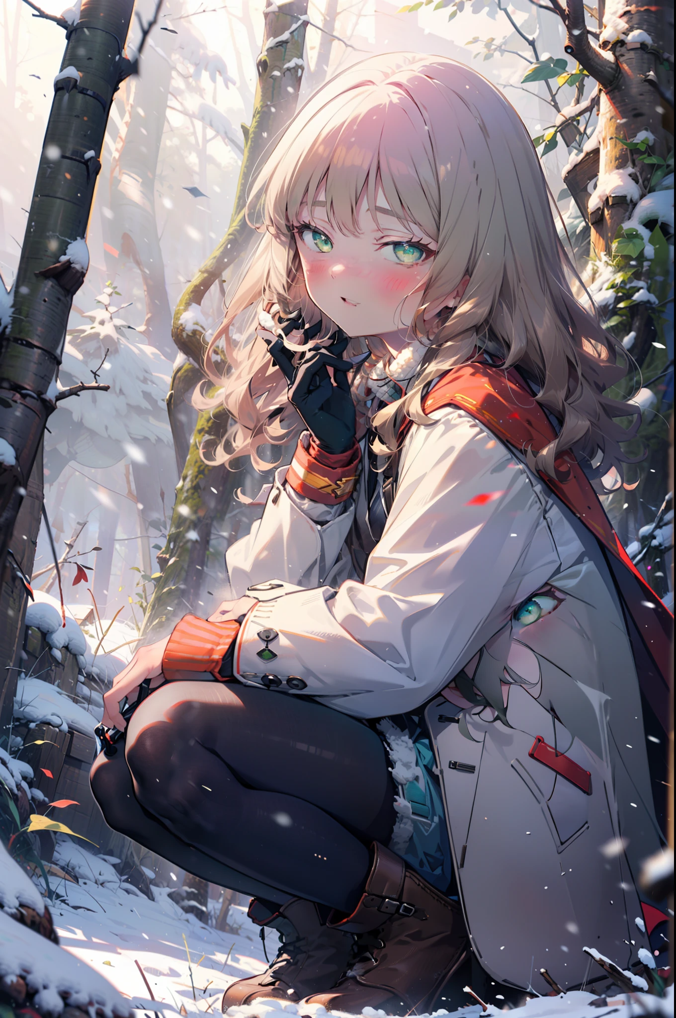 minami yume ,sss Dynazenon ,Long Hair, Brown Hair, (Green Eyes:1.5) ,Center of chest,smile,blush,White Breath,
Open your mouth,snow,Ground bonfire, Outdoor, boots, snowing, From the side, wood, suitcase, Cape, Blurred,  forest, White handbag, nature,  Squat, Mouth closed, フードed Cape, winter, Written boundary depth, Black shoes, red Cape break looking at viewer, Upper Body, whole body, break Outdoor, forest, nature, break (masterpiece:1.2), highest quality, High resolution, unity 8k wallpaper, (shape:0.8), (Beautiful and beautiful eyes:1.6), Highly detailed face, Perfect lighting, Highly detailed CG, (Perfect hands, Perfect Anatomy),