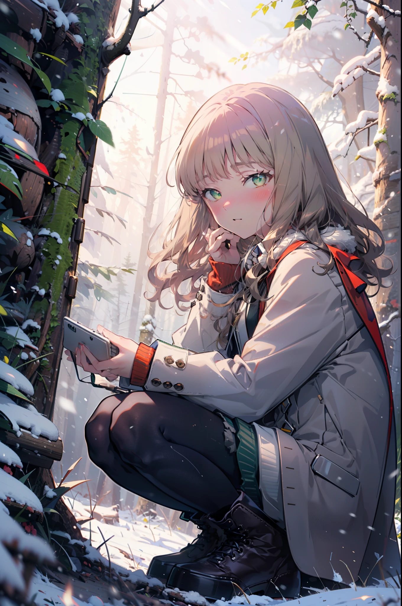 minami yume ,sss Dynazenon ,Long Hair, Brown Hair, (Green Eyes:1.5) ,Center of chest,smile,blush,White Breath,
Open your mouth,snow,Ground bonfire, Outdoor, boots, snowing, From the side, wood, suitcase, Cape, Blurred,  forest, White handbag, nature,  Squat, Mouth closed, フードed Cape, winter, Written boundary depth, Black shoes, red Cape break looking at viewer, Upper Body, whole body, break Outdoor, forest, nature, break (masterpiece:1.2), highest quality, High resolution, unity 8k wallpaper, (shape:0.8), (Beautiful and beautiful eyes:1.6), Highly detailed face, Perfect lighting, Highly detailed CG, (Perfect hands, Perfect Anatomy),