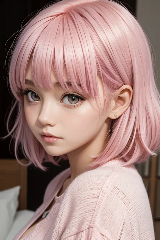 Girl with pink hair with fluffy bangs with brown eyes