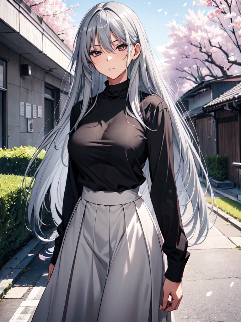 gray hair, long hair, wearing plain black shirt, long skirt, cherry blossom trees in background, absurdres, high res, ultrasharp, 8K, masterpiece, mature, detailed, sharp detailed black eyes, height = 165cm, medium breast
