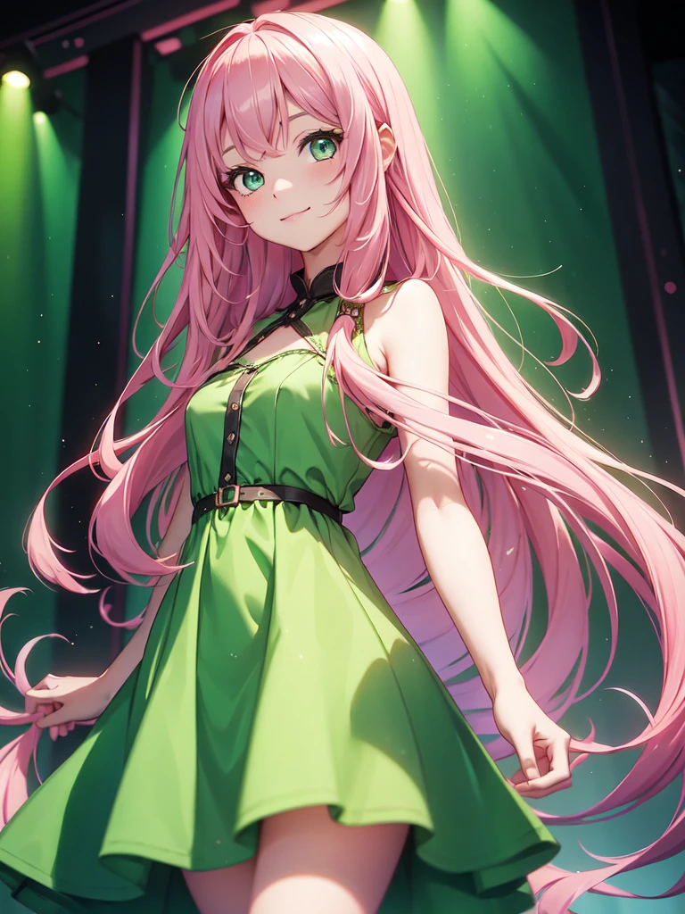 young girl, long pink hair, Green eyes, Green Light Dress, ssmile, Masterpiece, hiquality
