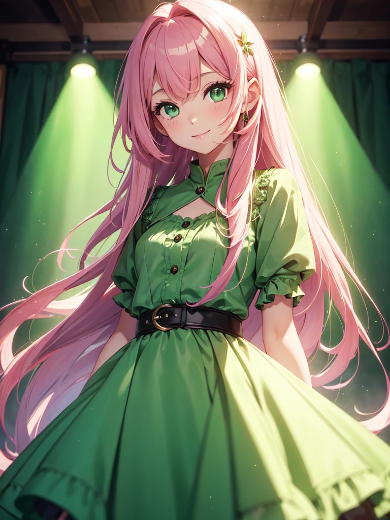 young girl, long pink hair, Green eyes, Green Light Dress, ssmile, Masterpiece, hiquality