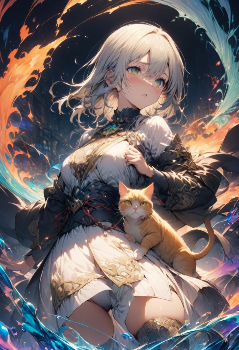Girl with Cat, by Makoto Shinkai and Makoto Niitsu style, best quality, masterpiece, very aesthetic, perfect composition, intricate details, ultra-detailed