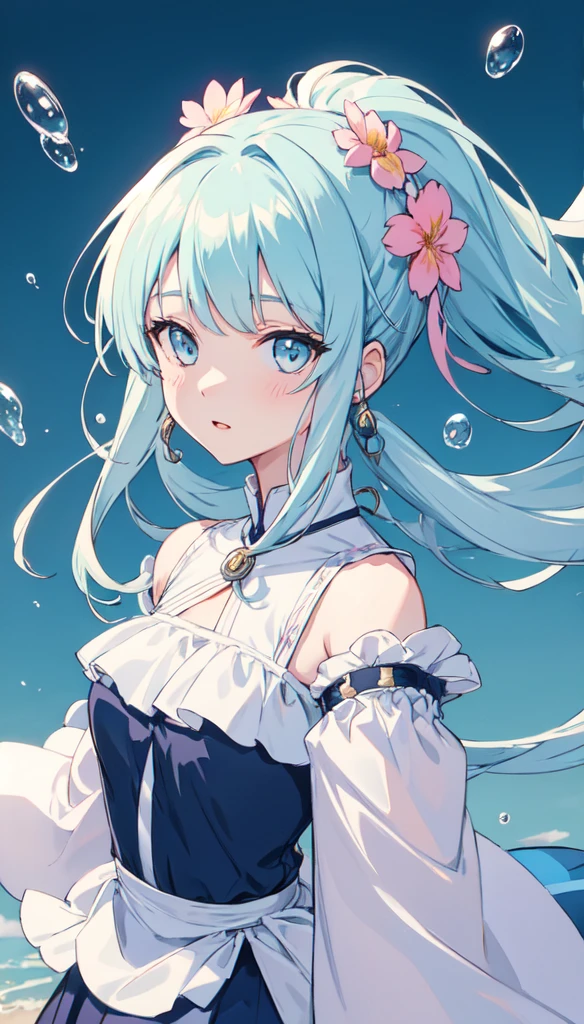 (masterpiece), (best quality), (ultra detailed),(disheveled hair),(illustration), (1girl), (Fashionable clothing), standing, Fashion model, looking at viewer, (interview), (simple background),beautiful detailed eyes, delicate beautiful face, Floating,(high saturation),(colorful splashes),colorful bubble,(shining), focus on face, ponytail, kamisato ayaka, light blue hair, bangs, hair ring, floating flowers, floating hairs, (shining), best lighting, best shadow,