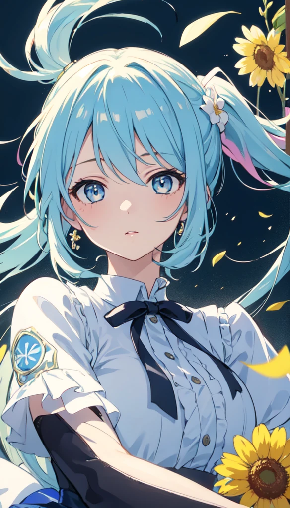 (masterpiece), (best quality), (ultra detailed),(disheveled hair),(illustration), (1girl), (Fashionable clothing), standing, Fashion model, looking at viewer, (interview), (simple background),beautiful detailed eyes, delicate beautiful face, Floating,(high saturation),(colorful splashes),colorful bubble,(shining), focus on face, ponytail, kamisato ayaka, light blue hair, bangs, hair ring, floating flowers, floating hairs, (shining), best lighting, best shadow,