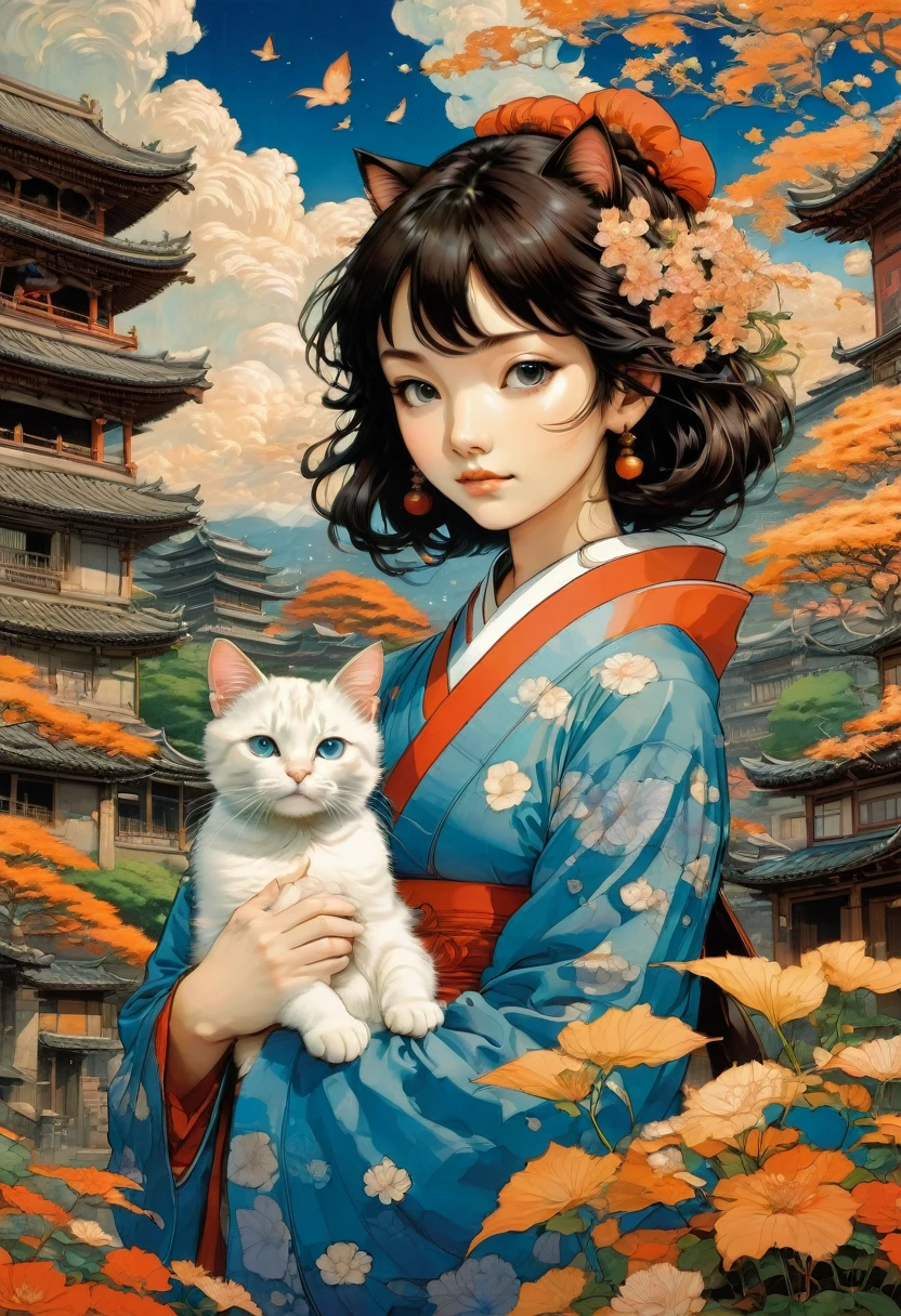Girl with Cat, by Satoshi Kon, best quality, masterpiece, very aesthetic, perfect composition, intricate details, ultra-detailed
