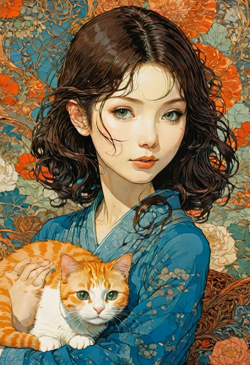 Girl with Cat, by Satoshi Kon, best quality, masterpiece, very aesthetic, perfect composition, intricate details, ultra-detailed
