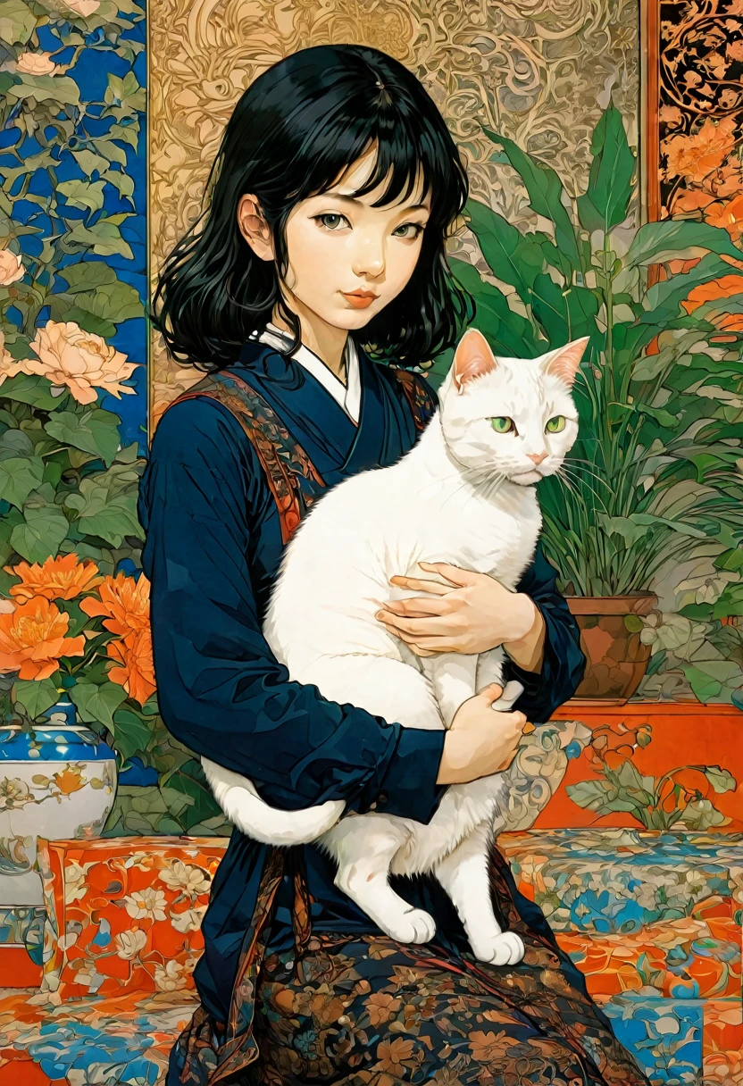 Girl with Cat, by Satoshi Kon, best quality, masterpiece, very aesthetic, perfect composition, intricate details, ultra-detailed