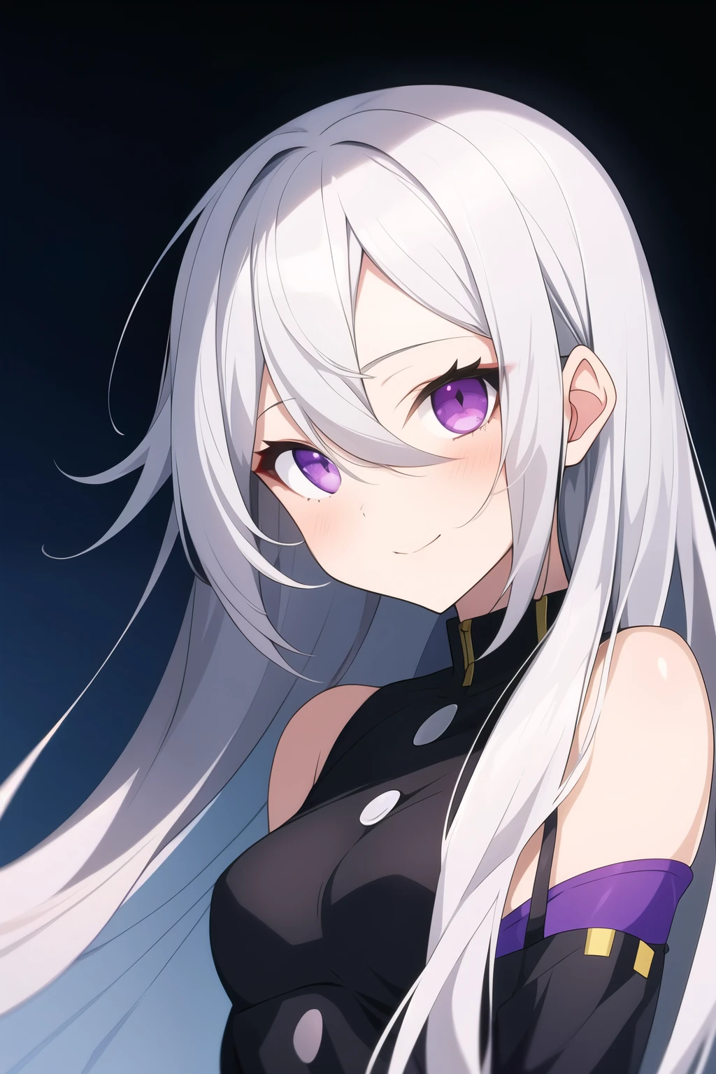 anime girl with long gray hair, one gray eye and one purple eye, with black scleras