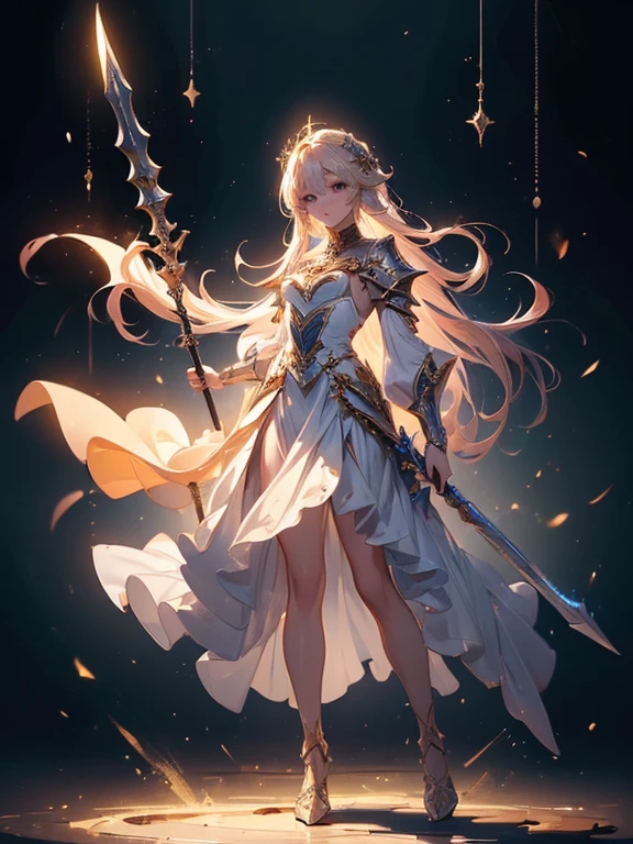 Design a layout showcase Gaming character, (1girl). Golden+Purle clothes, stylish and unique, ((showcase weapon:1.4)), magic staff, (masterpiece:1.2), (best quality), 4k, ultra-detailed, (Step by step design, layout art:1.5), (luminous lighting, atmospheric lighting), magican, ((glove full hands)), (((revealing clothes:1.3))), vambraces, armored legwear, (((full_body_shot:1.4)))
