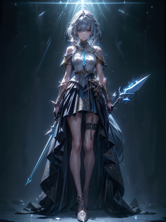 Design a layout showcase Gaming character, (1girl). Golden+Purle clothes, stylish and unique, ((showcase weapon:1.4)), magic staff, (masterpiece:1.2), (best quality), 4k, ultra-detailed, (Step by step design, layout art:1.5), (luminous lighting, atmospheric lighting), magican, ((glove full hands)), (((revealing clothes:1.3))), vambraces, armored legwear, (((full_body_shot:1.4)))