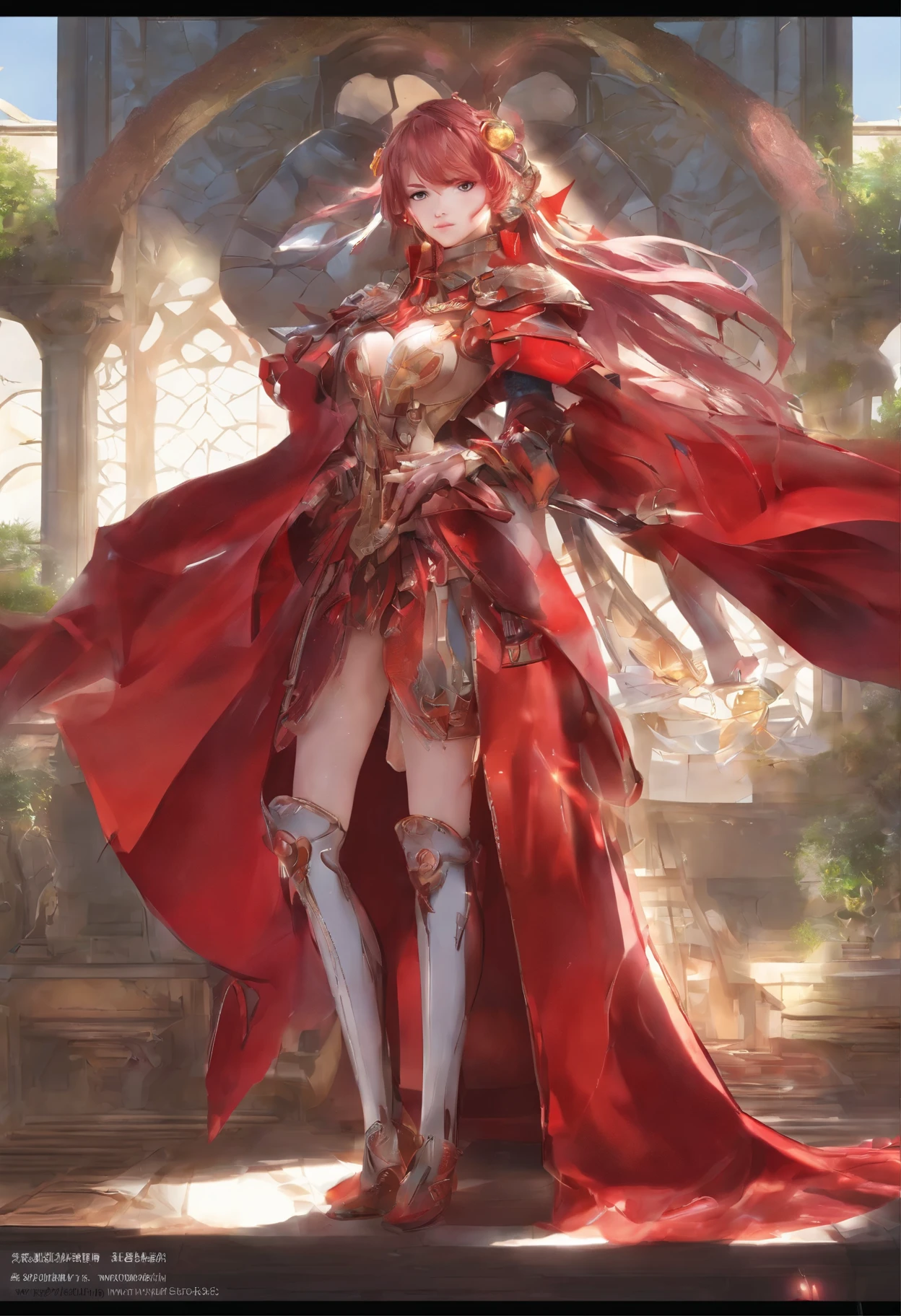 World Style，Armor Girl，Crystal material（3D Rendering Armor，refractive index：1.76 - 1.78，Albedo：0.03 - 0.05，ambient Light：Between 20-50，color：Dark Red, Medium saturation，Type of Light：ambient Light：1.2，Light source color：北極Light，Light源强度：Between 1 and 2，Light源方向：Adjust the position and direction of the Light source appropriately according to the shape and material of the object，Number of Light sources：2 - 3 Light sources
）Crystal exoskeleton，Red cape，beautiful female knight，Detailed fantasy art，Red crystal armor，（Red crystal：15），（Red 0.5），（Crystal texture：1.5），Light滑的表面，high transparency，HD晰度，Textures and details inside materials，Piezoelectric effect，逆Piezoelectric effect，Light學繞射，amazing armor，2.5D CGI fantasy artwork， 4k details fantasy，High Detail, Surrealism, Cubism, Constructivism, Chiaroscuro, Light线追踪, backLight, Stereoscopic View, Light, UHD, Retina, masterpiece, precise, Anatomically correct, high resolution, best quality, Textured Skin, HD, 4k