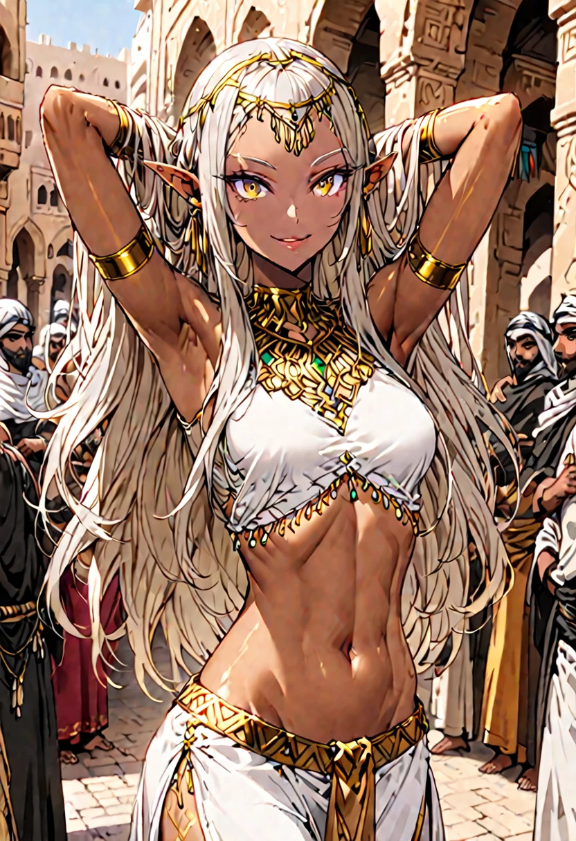 solo:1.4, female, sfw, medium shot, ((four arms)), ((two hands on hips)), ((two hands behind head)), copper skin, long hair, platinum blonde hair, silky hair, braided hair, pointed ears, slim waist, bandit, Arabian, marketplace, golden eyes, smile, abs