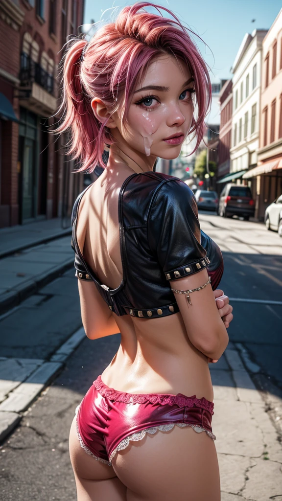 Cute 18 year old punk girl,、(top-quality、in 8K、32K、​masterpiece、cowboy shot)、(Photorealsitic:1.4),Fancy makeup, shapeless punk long hair, (studded punk fashion clothing)、A pink-haired, cheeky leather short shorts、realistic,、Downtown District Background、backlight effect、depth of fields,blurry background,only lingerie break cum on face