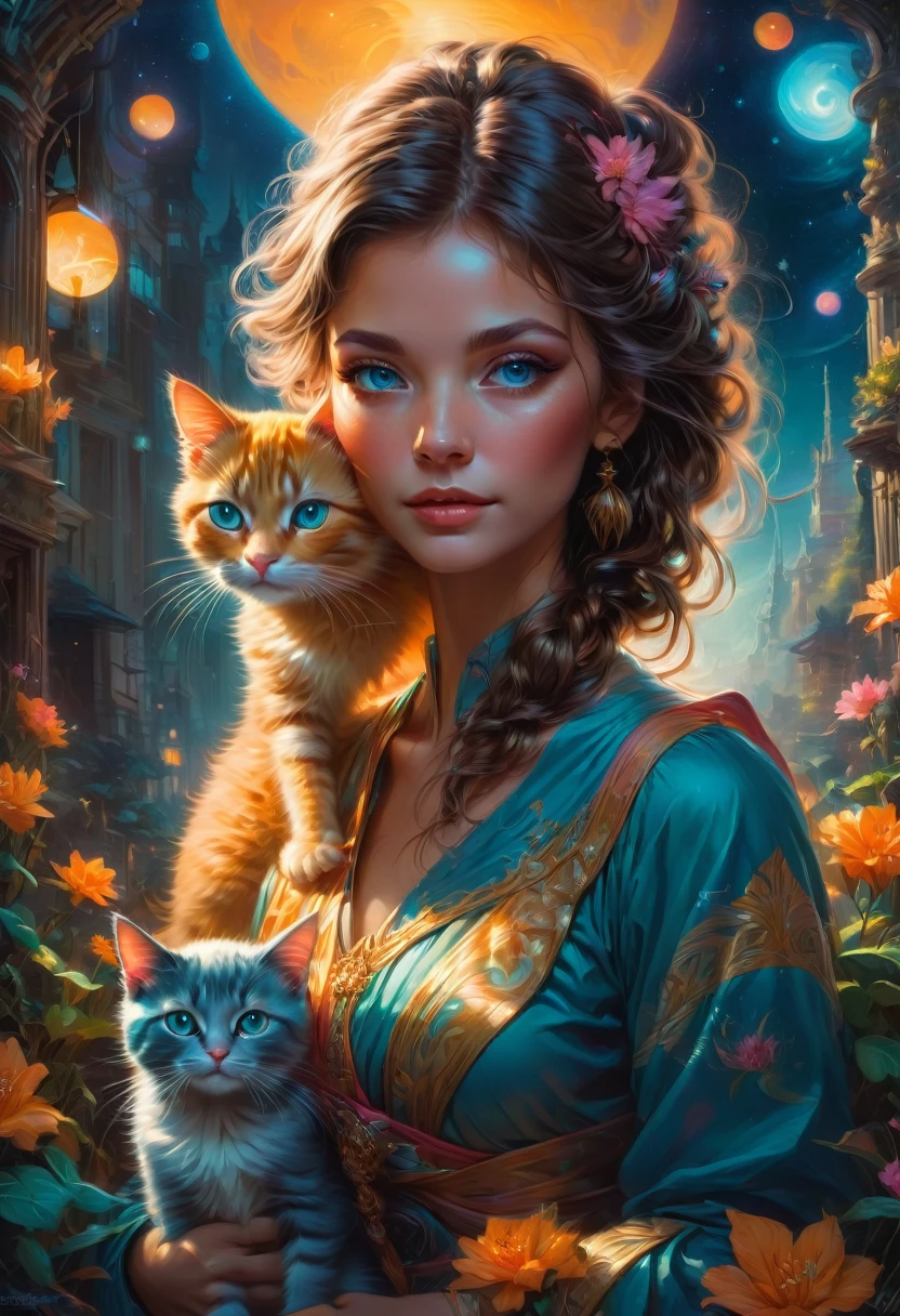 Girl with Cat, by Peter Mohrbacher and Brandon Woelfel, best quality, masterpiece, very aesthetic, perfect composition, intricate details, ultra-detailed