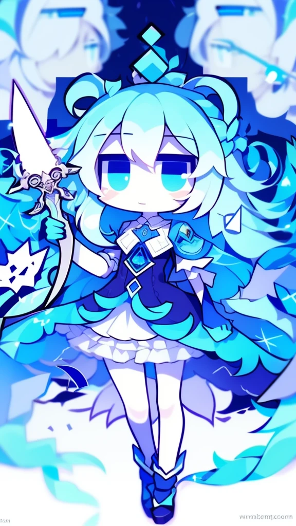  girl，k hd，4K，face expressionless，style of anime，sideface，blue color eyes，white color hair,((full body)),Confused eyes,(default character)SD character, masterpiece,best quality,ultra detailed,4K,super fine illustration,highly detailed beautiful face and eyes,cyan color scheme, lighting,fantasy,extremely solemn atmosphere,long hair,floating hair,smirk,fighting stance,dynamic pose,(holding glowing sword:1.3),particle light,luminescence,plasma,electric current,blue flame,sense of depth,dynamic angle,