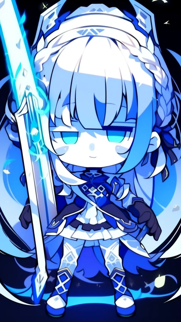 girl,k hd,4K,face expressionless,style of anime,sideface,blue color eyes,white color hair,((full body)),Confused eyes,(default character)SD character, masterpiece,best quality,ultra detailed,4K,super fine illustration,highly detailed beautiful face and eyes,cyan color scheme, lighting,fantasy,extremely solemn atmosphere,long hair,floating hair,smirk,fighting stance,dynamic pose,(holding glowing sword:1.3),particle light,luminescence,plasma,electric current,blue flame,sense of depth,dynamic angle,