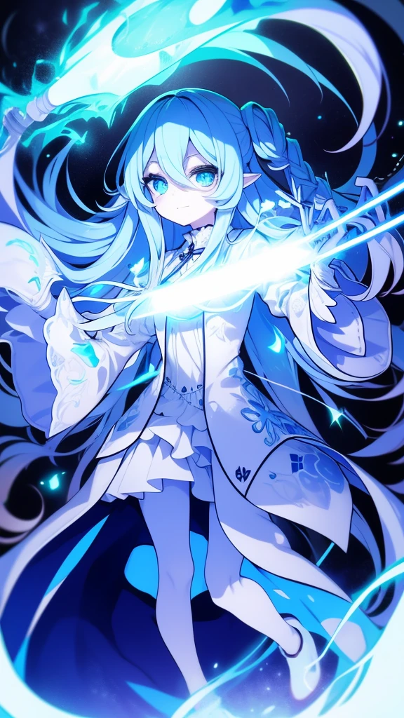 girl，k hd，4K，face expressionless，style of anime，sideface，blue color eyes，white color hair,((full body)),Confused eyes,(default character)SD character, masterpiece,best quality,ultra detailed,4K,super fine illustration,highly detailed beautiful face and eyes,cyan color scheme, lighting,fantasy,extremely solemn atmosphere,long hair,floating hair,smirk,fighting stance,dynamic pose,(holding glowing sword:1.3),particle light,luminescence,plasma,electric current,blue flame,sense of depth,dynamic angle,