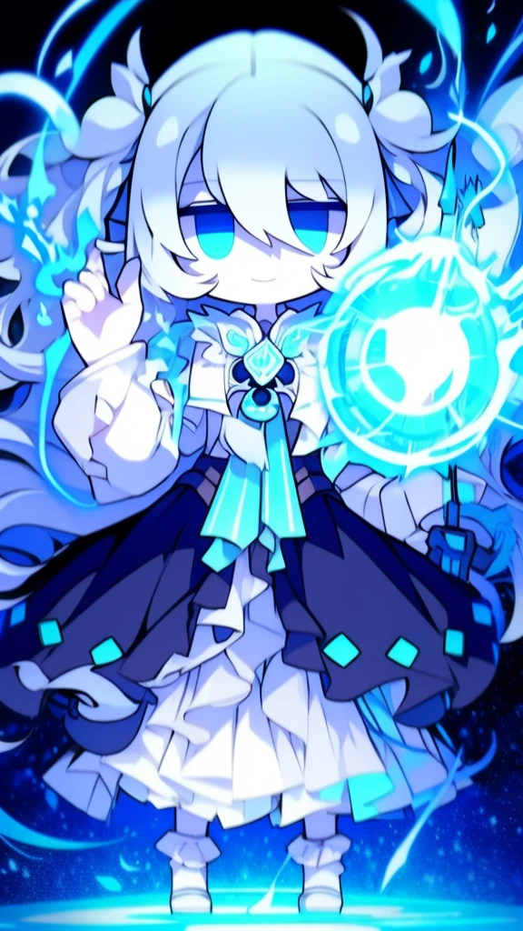 girl,k hd,4K,face expressionless,style of anime,sideface,blue color eyes,white color hair,((full body)),Confused eyes,(default character)SD character, masterpiece,best quality,ultra detailed,4K,super fine illustration,highly detailed beautiful face and eyes,cyan color scheme, lighting,fantasy,extremely solemn atmosphere,long hair,floating hair,smirk,fighting stance,dynamic pose,(holding glowing sword:1.3),particle light,luminescence,plasma,electric current,blue flame,sense of depth,dynamic angle,