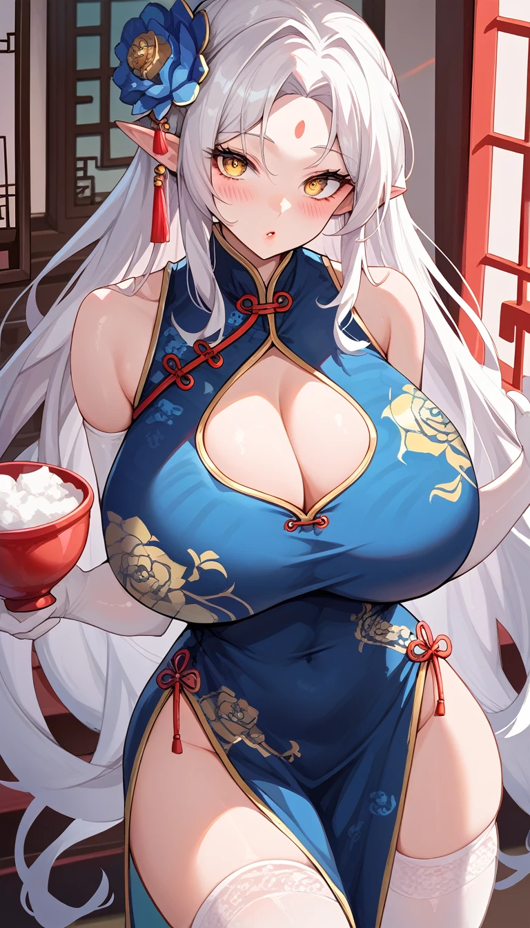 score_9, score_8_up, score_7_up, score_6_up, source anime,(masterpiece, best quality:1.3),extremely detailed,(nsfw),1girl,Sesshoumaru,sesshoumaru, female,(scornful eyes),yellow eyes,parted bangs,pointy ears,white hair,very long hair,red facial mark,forehead mark,alternate costume,arm at side,blush,breast dress,chinese clothes,curvy,dress,elbow gloves,bare shoulder,sleeveless,cleavage,flor,gloves,(blue and white porcelain gorgeous qipao,china dress,chinese clothes,dress),gigantic breasts,hip vent,prin,indoors,holding a cup of Chinese baijiu,red lips,looking at viewer,parted bangs,sleeveless,solo,standing,thick thighs,upturned eyes,white thighhighs,wide hips,