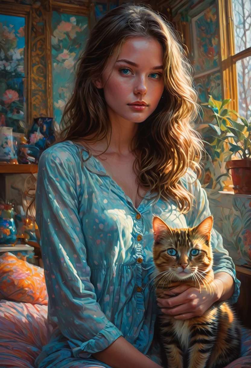 Girl with Cat, by Greg Manchess and Brandon Woelfel, best quality, masterpiece, very aesthetic, perfect composition, intricate details, ultra-detailed