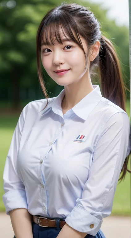 Enhanced dynamic perspective,Cute cute beautiful girl,korean ,Look at me and smile,simple backgound,Works of masters,high quarity,Girls' Schools、4K resolution,super-fine,Detailed pubic hair,precise,Cinematic lighting,Volleyball Club、Leaves the original facial proportions、(large full breasts)、((buttonGap))、ponytail, slim body、normal breast, not sexy,