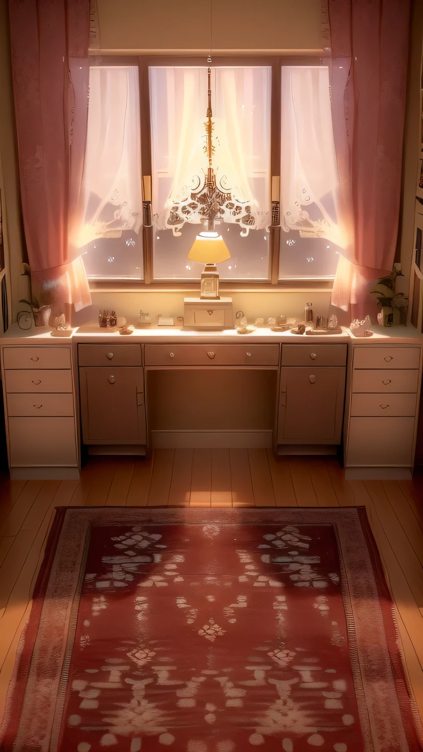 There is a red carpet on the floor in front of the window, Interior Background Art, beautiful 3 d concept art, Personal room background, Detailed cinematic rendering, concept art, Realistic rendering, Studio Ghibli bedroom, Very detailed scene, Scene Rendering, relaxing concept art, Gorgeous 3D rendering，Makeup room，Slightly weird，night，No floor lighting，night，night，No lights on the floor，There are cosmetics and skin care products on the table