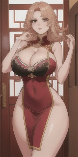 Shanpu Uranma, Large target_breast((大breast、breast下垂、Low-cut,Cleavage ,Wide hips,)))((Long legs)),Hourglass figure)), permanent, Solitary, China_skirt_Red_junior high school, masterpiece, best quality, Delicate face, delicate eyes, High resolution,