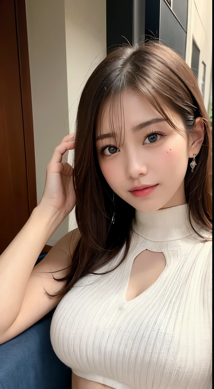 Tabletop, highest quality, Photorealistic, In detail, High resolution, 8k wallpaper, Perfect dynamic composition, Beautiful fine details, Medium Hair, Big ample breasts, Random sexy poses,Put your chest together、(Mock Neck Crop Tank Top White Knitwear、The cleavage looks realistic)、(Breast Swelling 1.2)、Laughter、Open your mouth、Resort scenery、23 years old、(Droopy Eyes 1.4)、Adult Beauty、Japanese