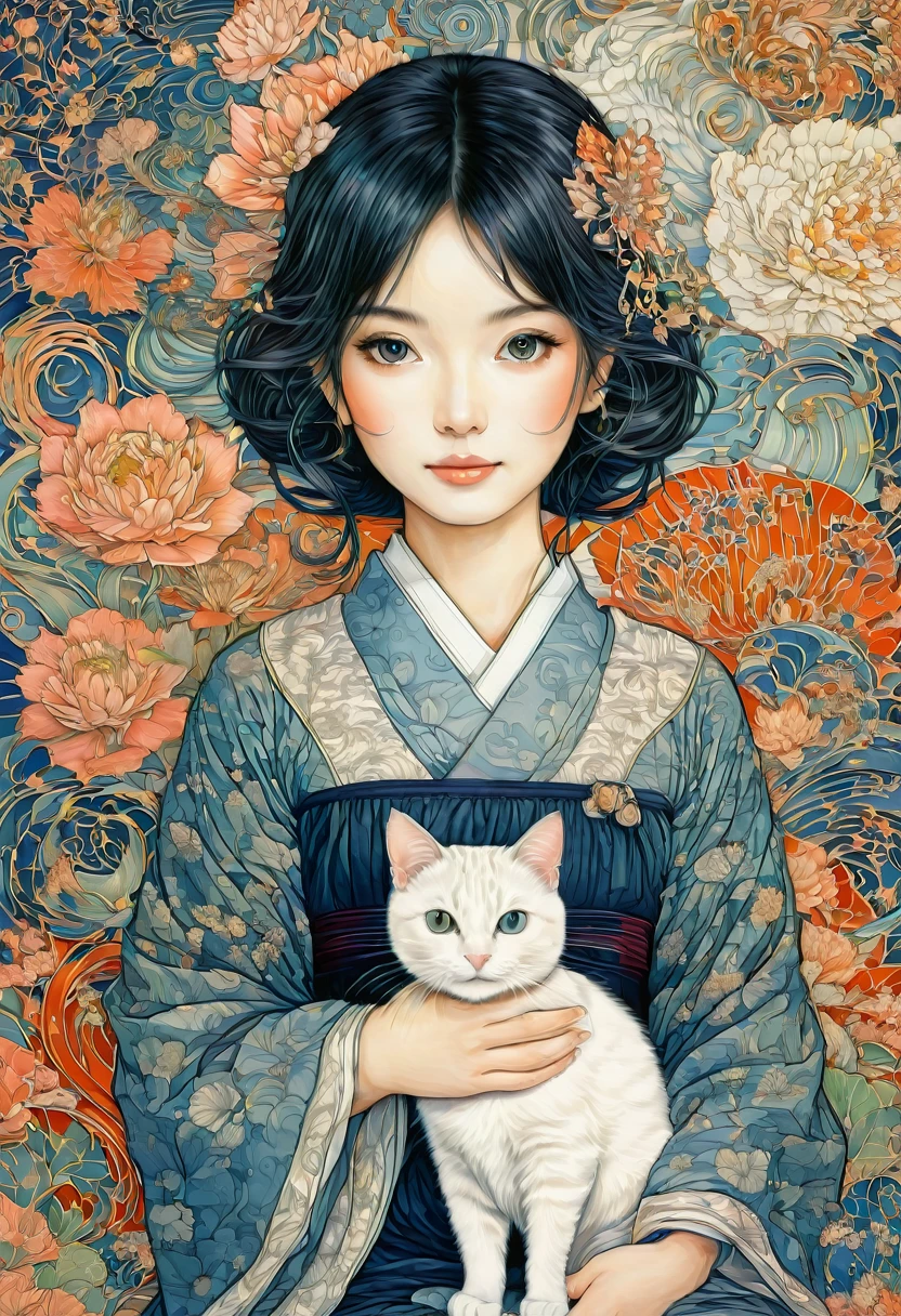 Girl with Cat, by Tsukasa Hojo, best quality, masterpiece, very aesthetic, perfect composition, intricate details, ultra-detailed