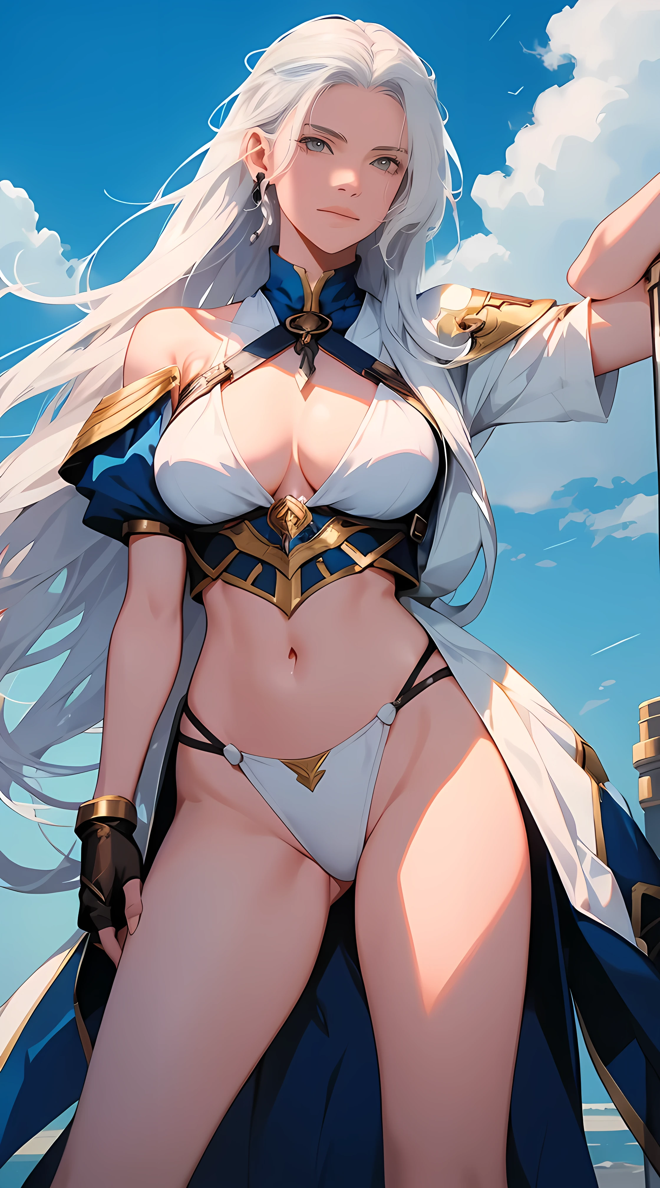 a female protagonist white hair, sky blue eyes, attractive, a mixture of Zenobia (FGO) and Mai Shiranui (Capcom vs SNK) wearing revealing cloths; while wielding futuristic pistol guns