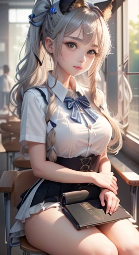 (sitting on a chair in a school classroom)、(28Beautiful woman of age),( 各peopleが着席する)((Tall and stylish))Blonde Hair, Silver Hair, Brown Hair, Black Hair, Braiding, bangs, 鈍いbangs, Braidinged ponytails, Hair that falls over the shoulders, Long Hair, ponytail, Braidinged bun, Hair with one side up, ローponytail, hairpin, hair band, ribbon, Hair Scrunchie, 白いhair band, Head Wreath, Aqua Eye, Big eyes, The pupils shine, Eyes Wide Open, compensate, Open your mouth, smile, Light Smile, Lips parted, Smiley, Sparkle, Ashcan School, Surrealism, 一people称視点, Landscape,( Wide angle), debt/1.8, 135mm, Canon, んdebtdebt, retina, Tabletop, Accurate, Anatomically correct, Textured skin, Super detailed, Attention to detail, high quality, 最high quality, High resolution, (1080p), hard disk, 4K, 8k、(2people々Women)Short sleeve、White blouse、Dark blue trim、Collared shirt、ribbonタイ、Knee-length skirt、Folded skirt、Navy Inspired、Nauticle Color、(Japanese Costume)、Blazer style uniform、