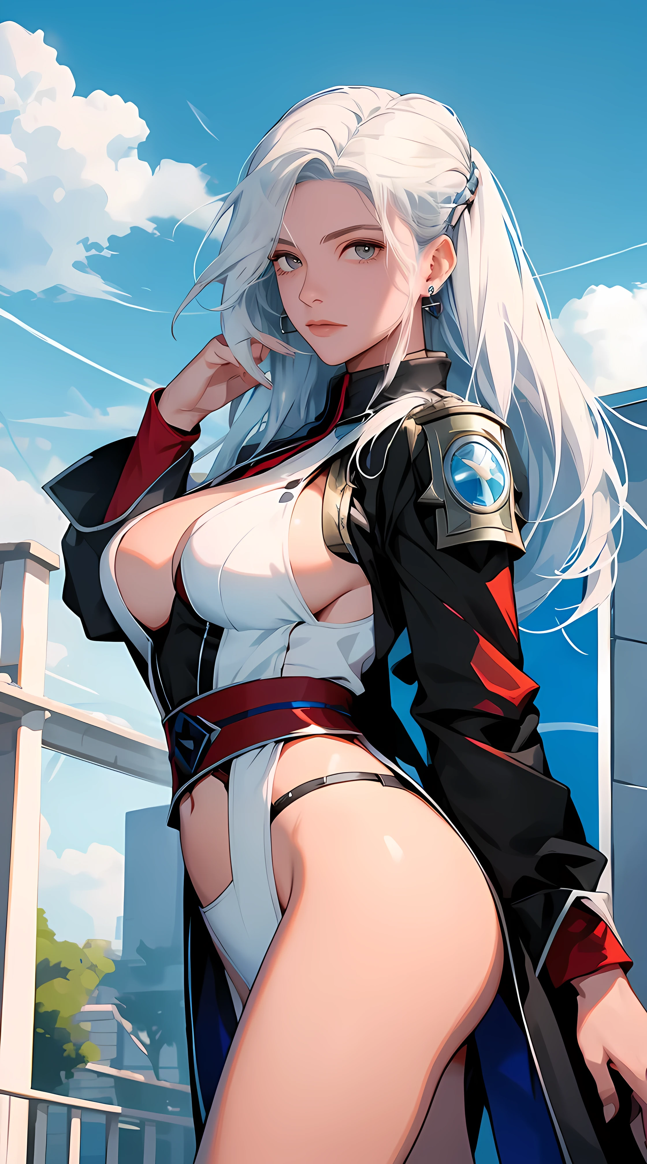 a female protagonist white hair, sky blue eyes, attractive, a mixture of Zenobia (FGO) and Mai Shiranui (Capcom vs SNK) wearing revealing cloths; while wielding futuristic pistol guns