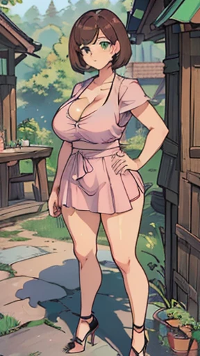 (best quality,4k,High resolution,Extremely detailed,Practical:1.2), , Big buttocks, huge ,((Large Breasts、Breast sagging、Low-cut,Cleavage ,Wide hips,)))((Long legs)),Hourglass figure)) Brown short hair, Green Eyes, Pink shirt, Social Skirt, High heel, (1 female), Idle pose, whole body.
